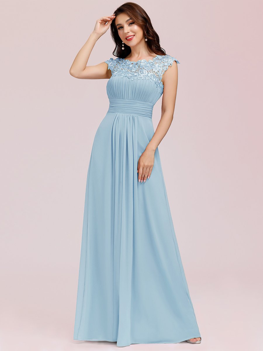 Color=Sky Blue | Lacey Neckline Open Back Ruched Bust Evening Dresses-Sky Blue 4