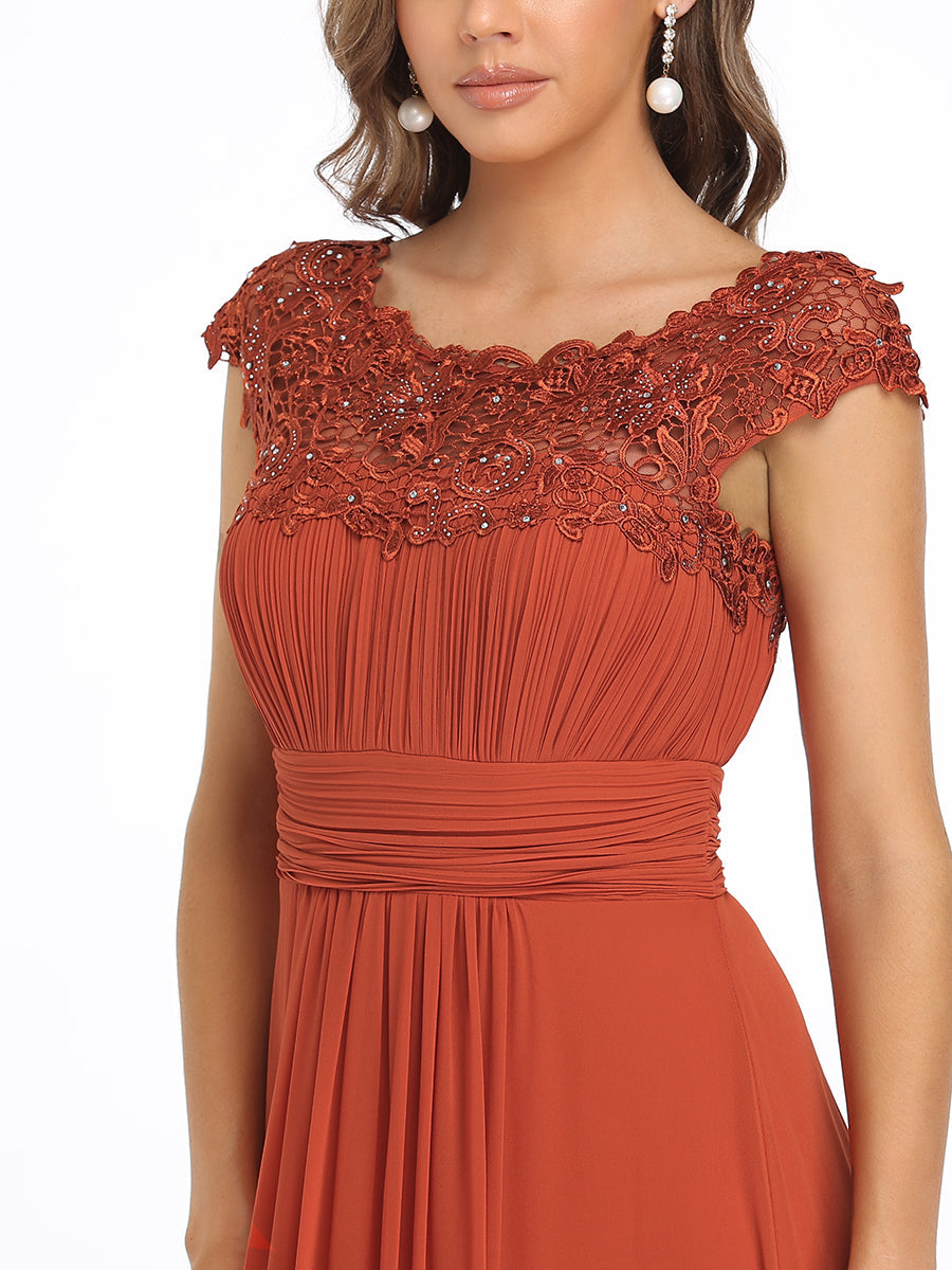 Color=Burnt orange| Lacey Neckline Open Back Ruched Bust Evening Dresses-Burnt orange 6