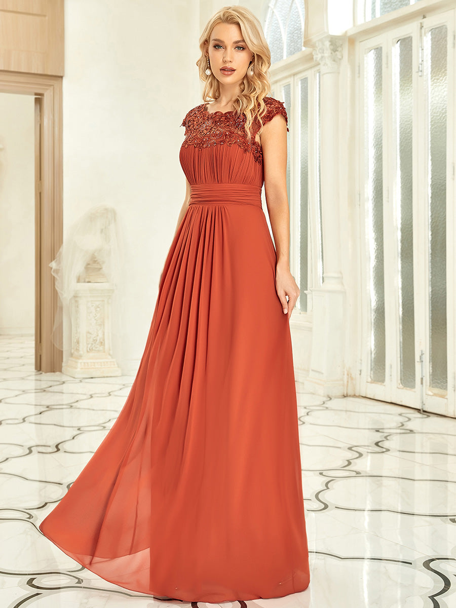 Color=Burnt orange| Lacey Neckline Open Back Ruched Bust Evening Dresses-Burnt orange 4