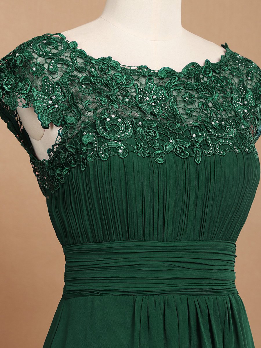 Color=Dark Green | Lacey Neckline Open Back Ruched Bust Evening Dresses-Dark Green 5