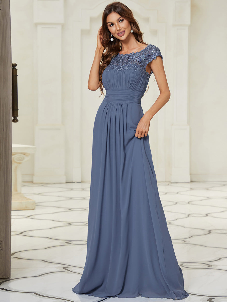Color=Dusty Navy | Lacey Neckline Open Back Ruched Bust Evening Dresses-Dusty Navy 4