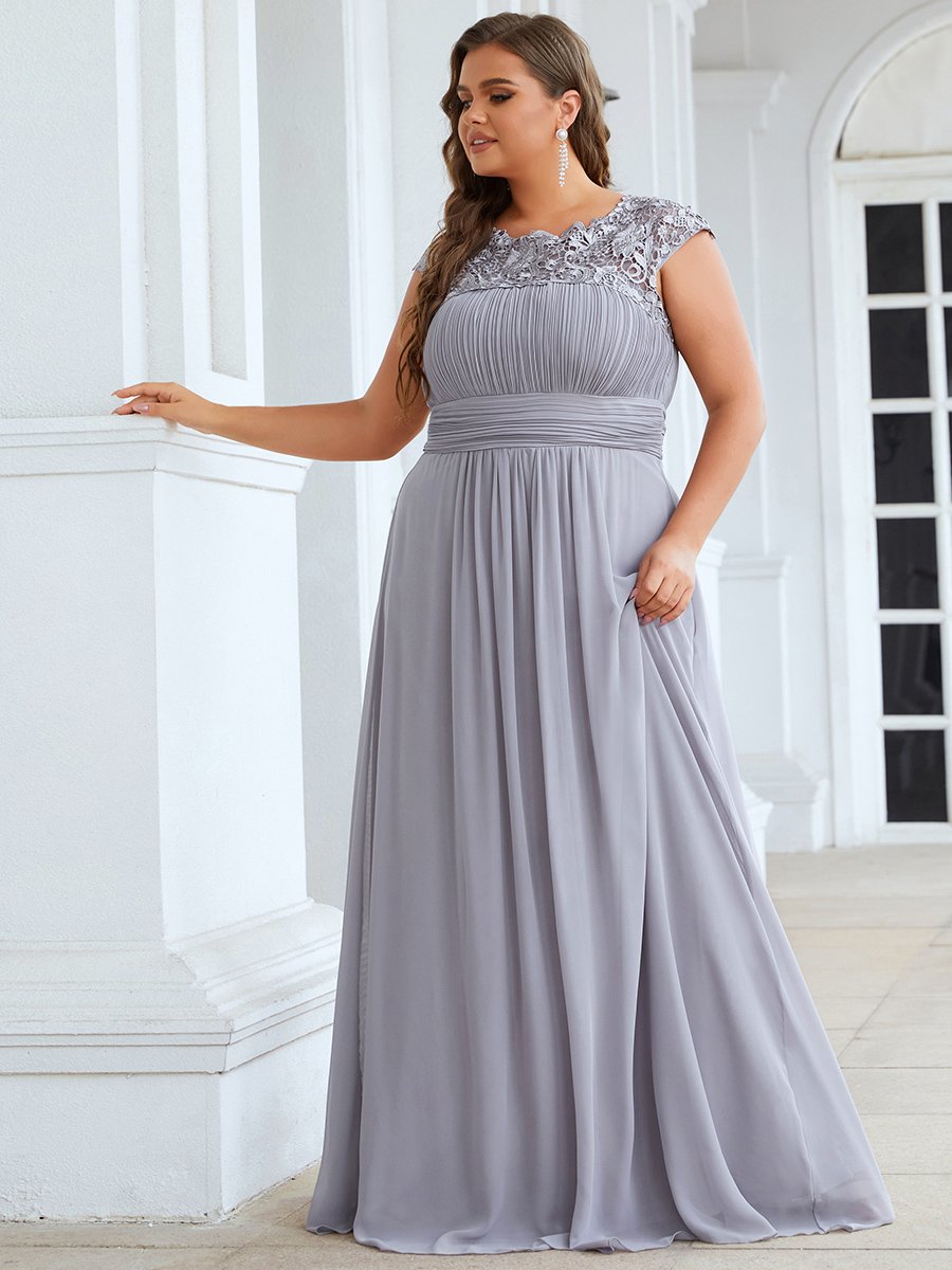 Color=Grey | Lacey Neckline Open Back Ruched Bust Plus Size Evening Dresses-Grey  3