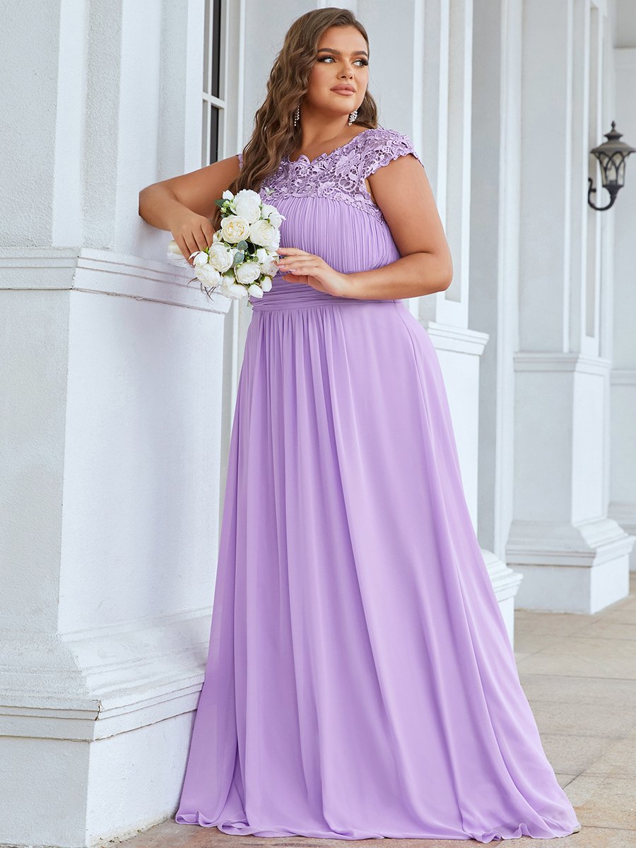 Color=Lavender | Lacey Neckline Open Back Ruched Bust Plus Size Evening Dresses-Lavender  1