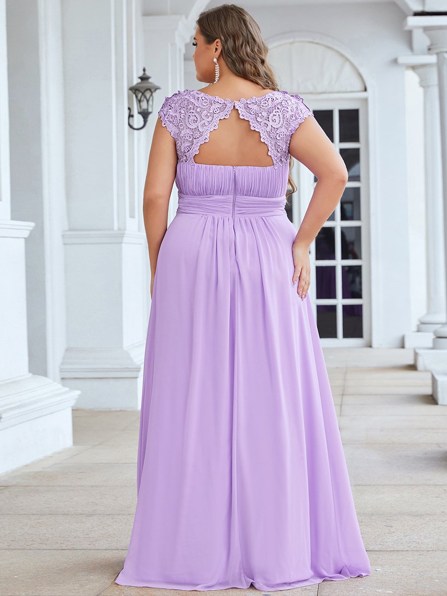 Color=Lavender | Lacey Neckline Open Back Ruched Bust Plus Size Evening Dresses-Lavender  2