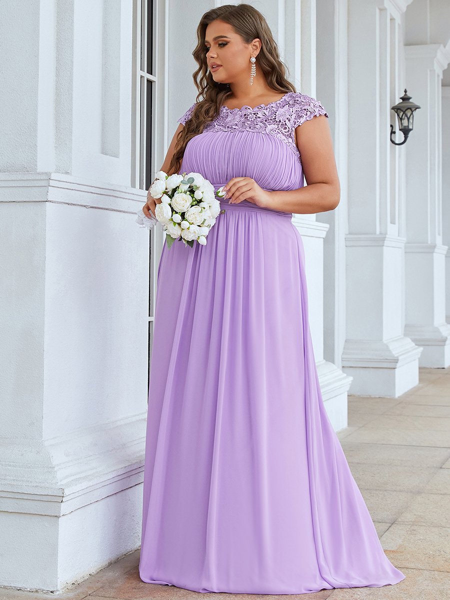 Color=Lavender | Lacey Neckline Open Back Ruched Bust Plus Size Evening Dresses-Lavender  3