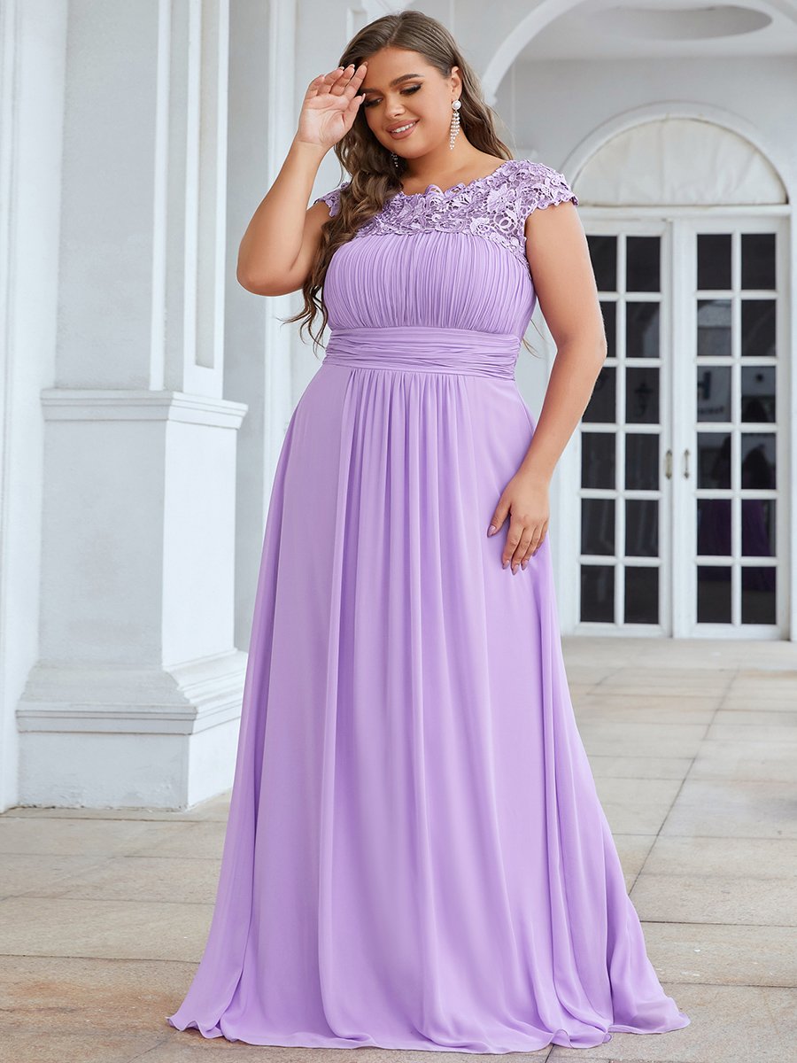 Color=Lavender | Lacey Neckline Open Back Ruched Bust Plus Size Evening Dresses-Lavender  4