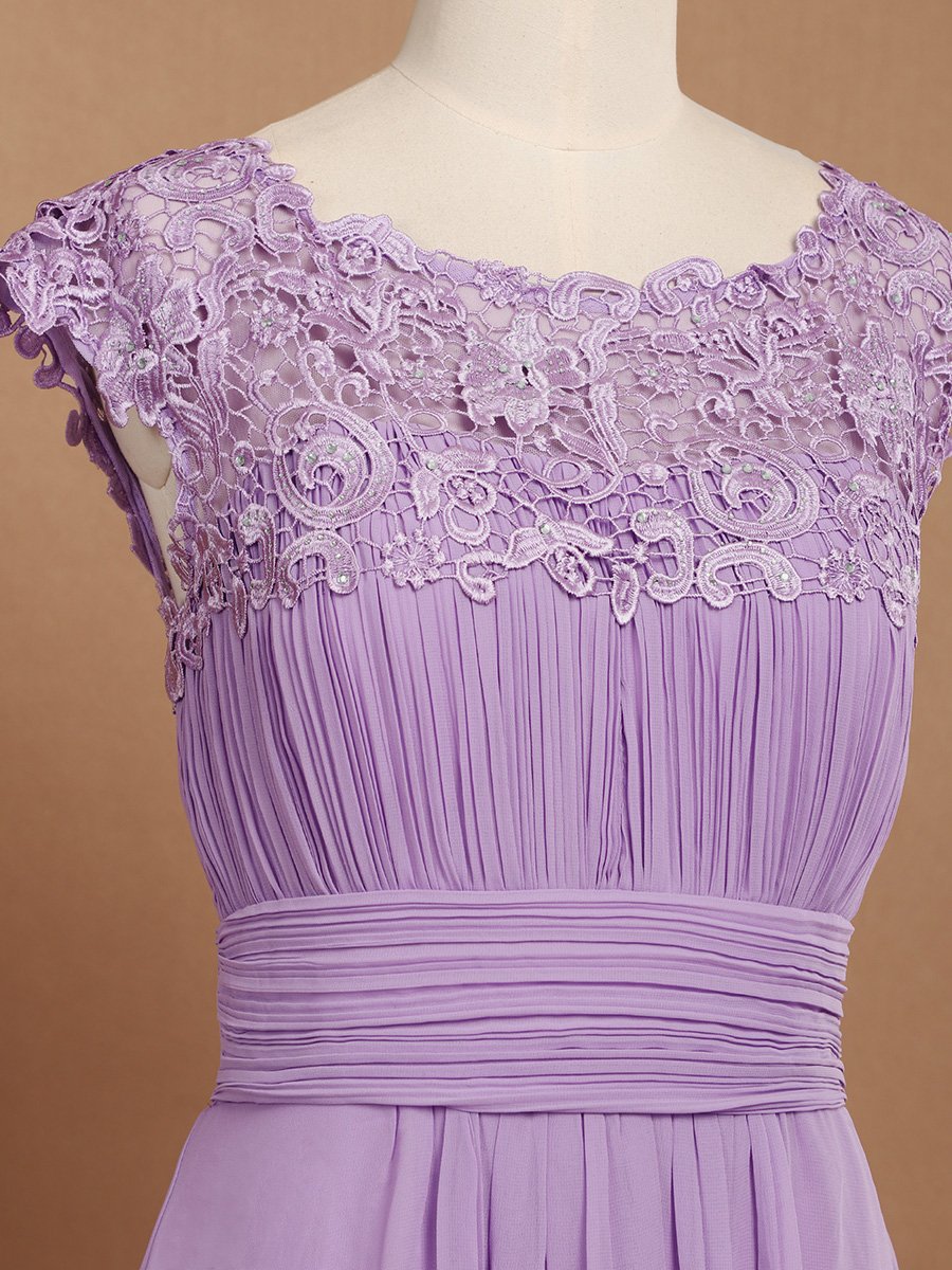 Color=Lavender | Lacey Neckline Open Back Ruched Bust Evening Dresses-Lavender 5