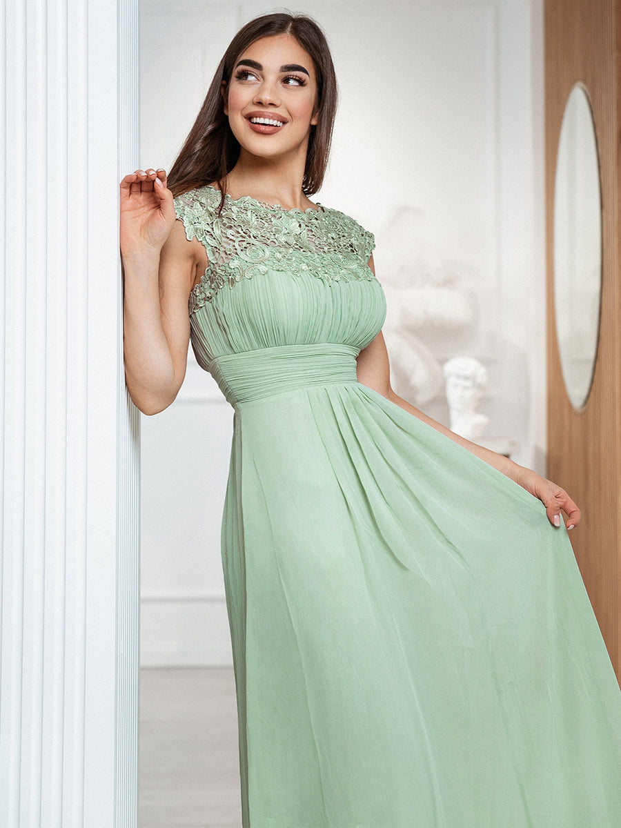 Color=Mint Green | Lacey Neckline Open Back Ruched Bust Evening Dresses-Mint Green 6