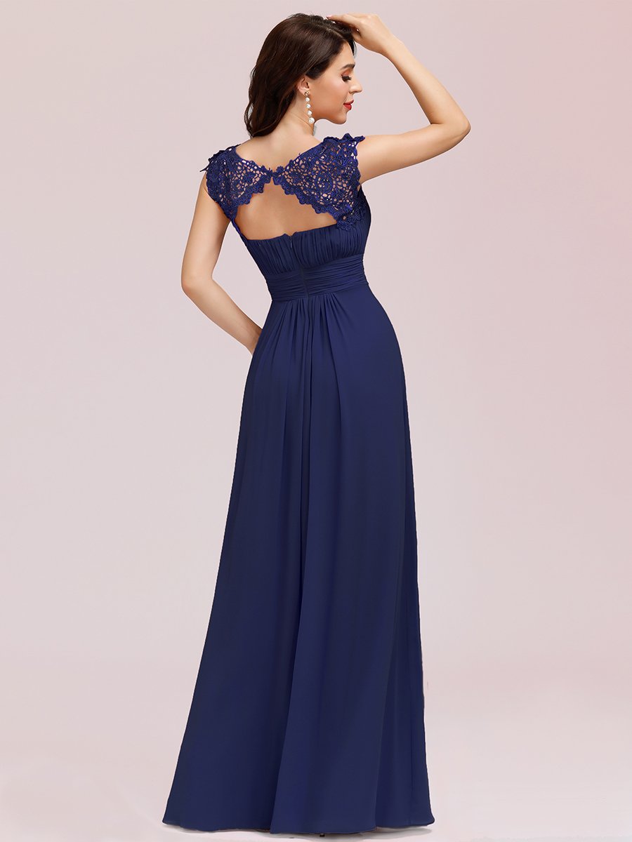 Color=Dusty blue | Lacey Neckline Open Back Ruched Bust Evening Dresses-Dusty blue 2