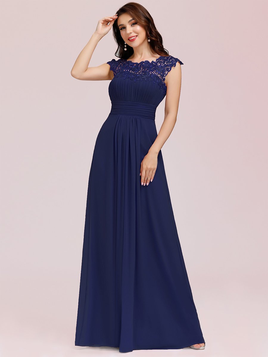 Color=Dusty blue | Lacey Neckline Open Back Ruched Bust Evening Dresses-Dusty blue 3
