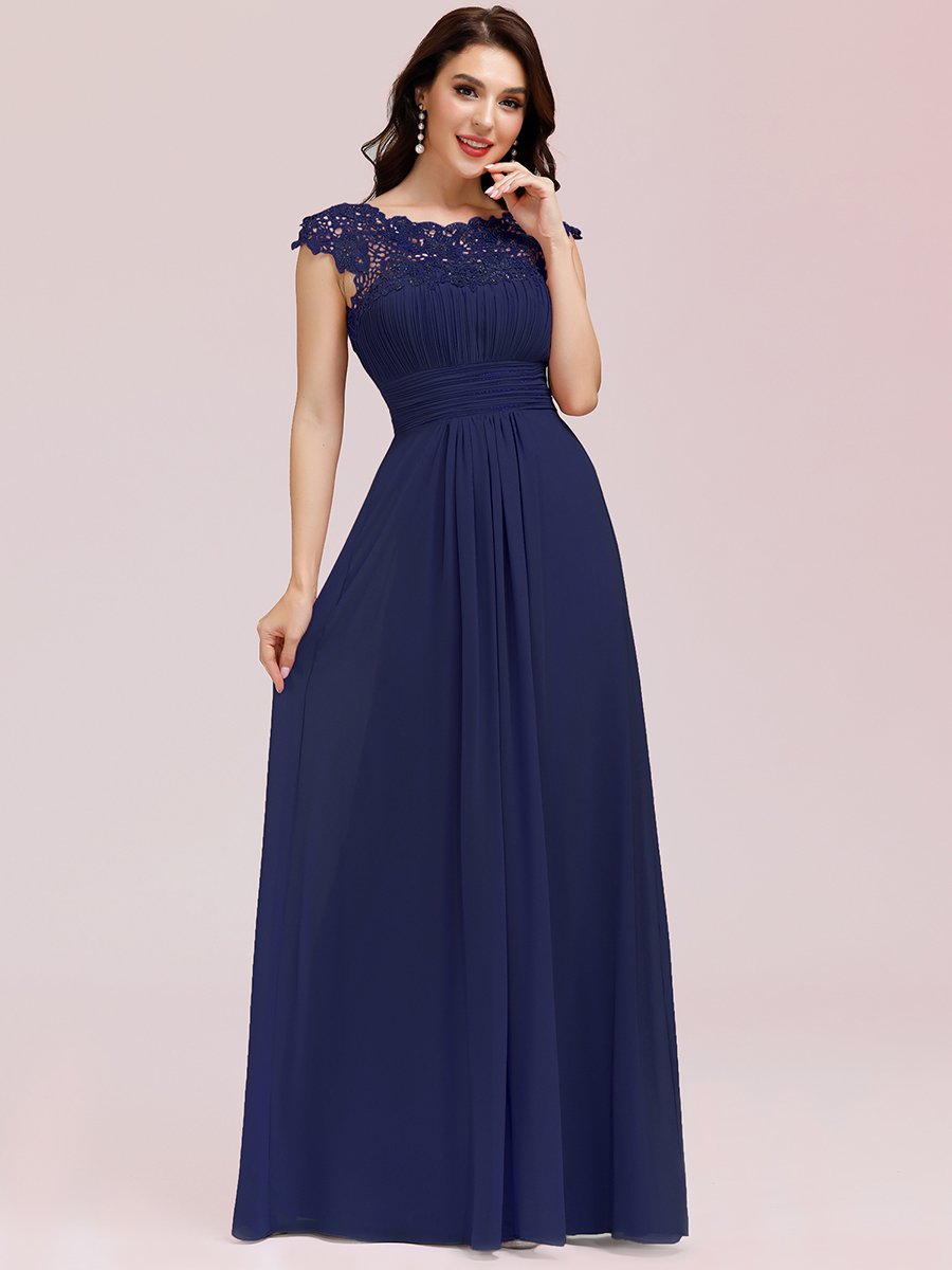 Color=Dusty blue | Lacey Neckline Open Back Ruched Bust Evening Dresses-Dusty blue 4
