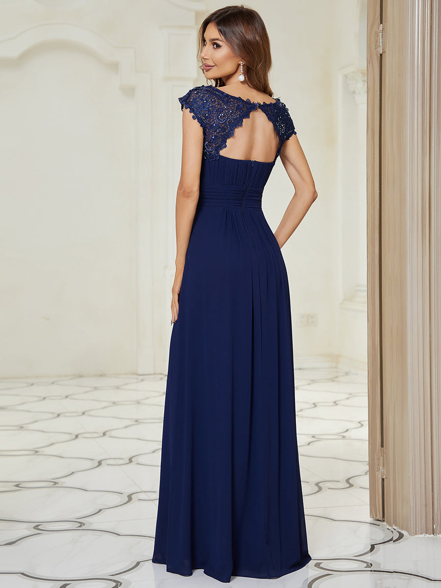 Color=Navy Blue| Lacey Neckline Open Back Ruched Bust Evening Dresses-Navy Blue 2