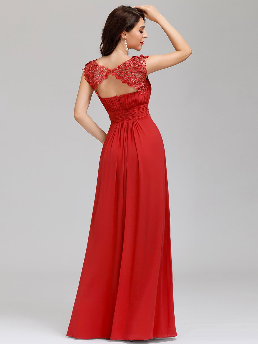 Color=Red | Lacey Neckline Open Back Ruched Bust Evening Dresses-Red 2