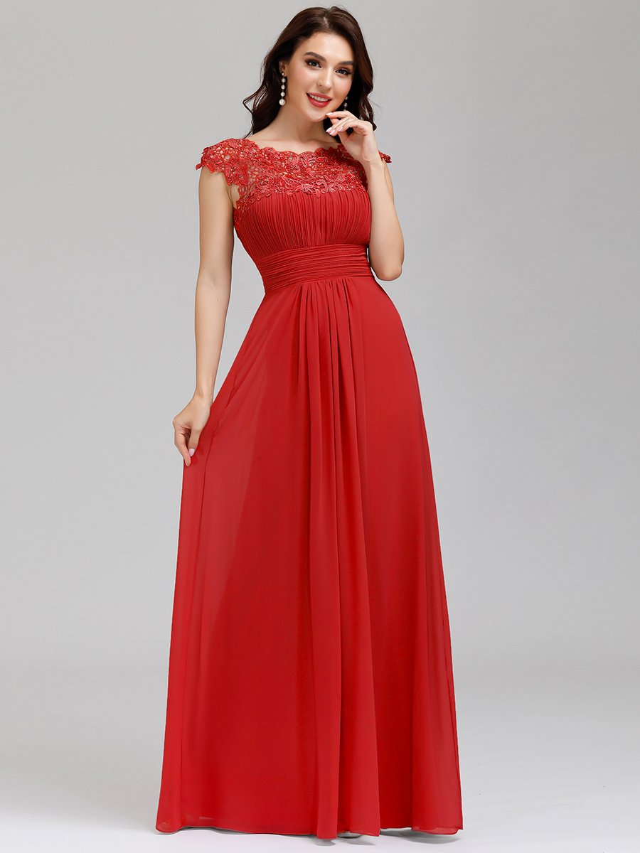 Color=Red | Lacey Neckline Open Back Ruched Bust Evening Dresses-Red 1