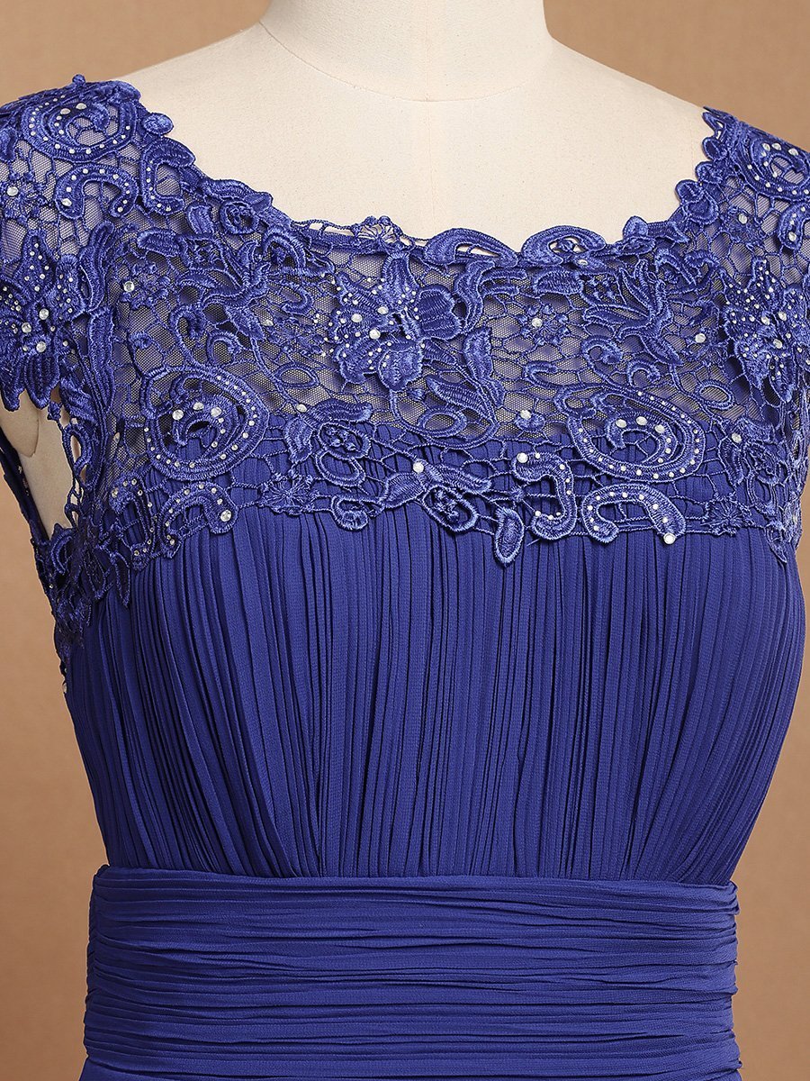 Color=Sapphire Blue | Lacey Neckline Open Back Ruched Bust Evening Dresses-Sapphire Blue 6