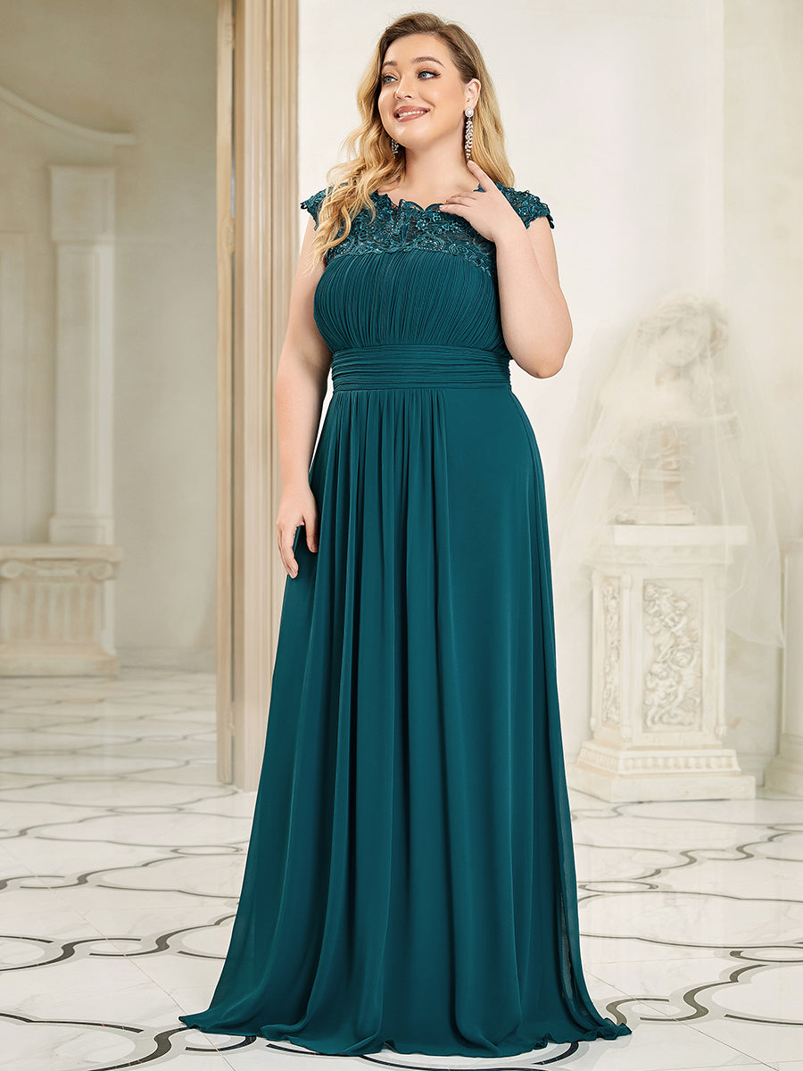 Color=Teal | Lacey Neckline Open Back Ruched Bust Plus Size Evening Dresses-Teal 2