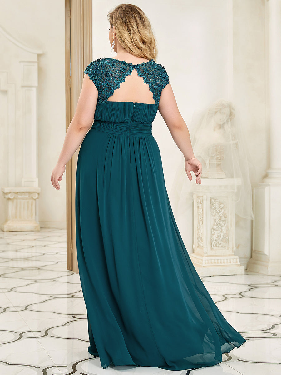 Color=Teal | Lacey Neckline Open Back Ruched Bust Plus Size Evening Dresses-Teal 4