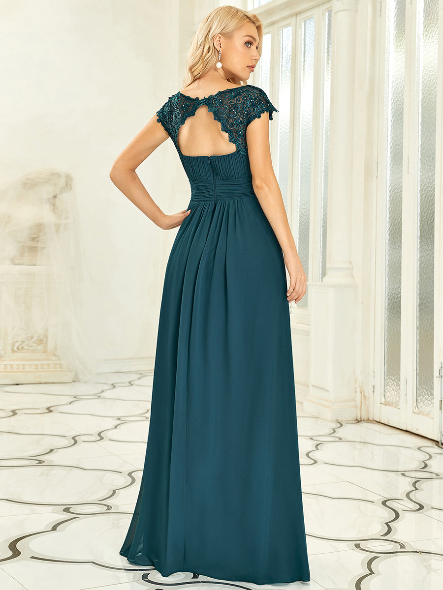 Color=Teal | Lacey Neckline Open Back Ruched Bust Evening Dresses-Teal 2