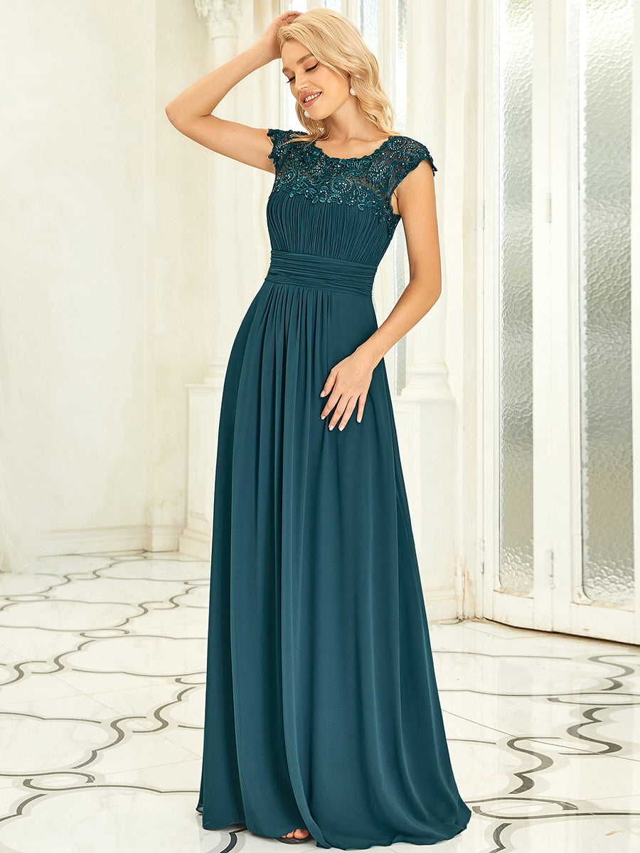 Color=Teal | Lacey Neckline Open Back Ruched Bust Evening Dresses-Teal 4