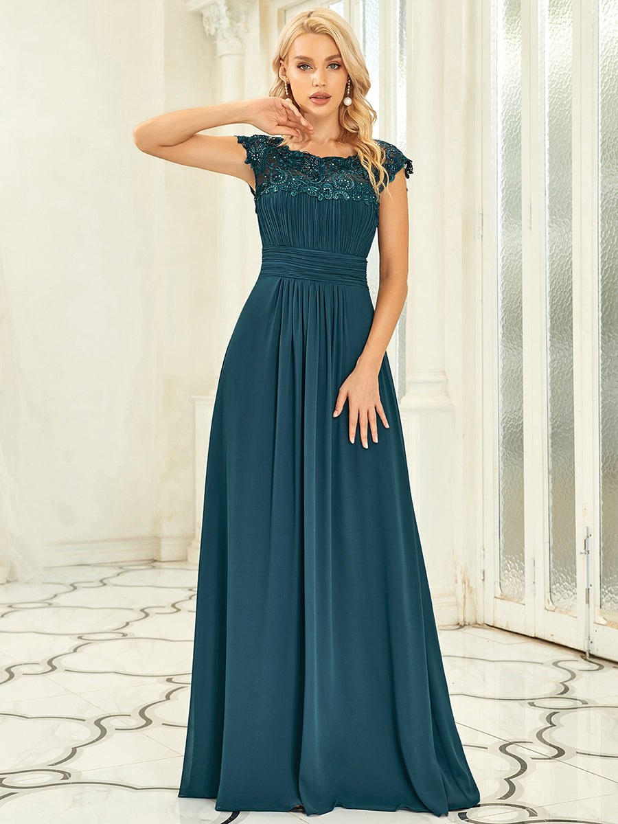 Color=Teal | Lacey Neckline Open Back Ruched Bust Evening Dresses-Teal 5