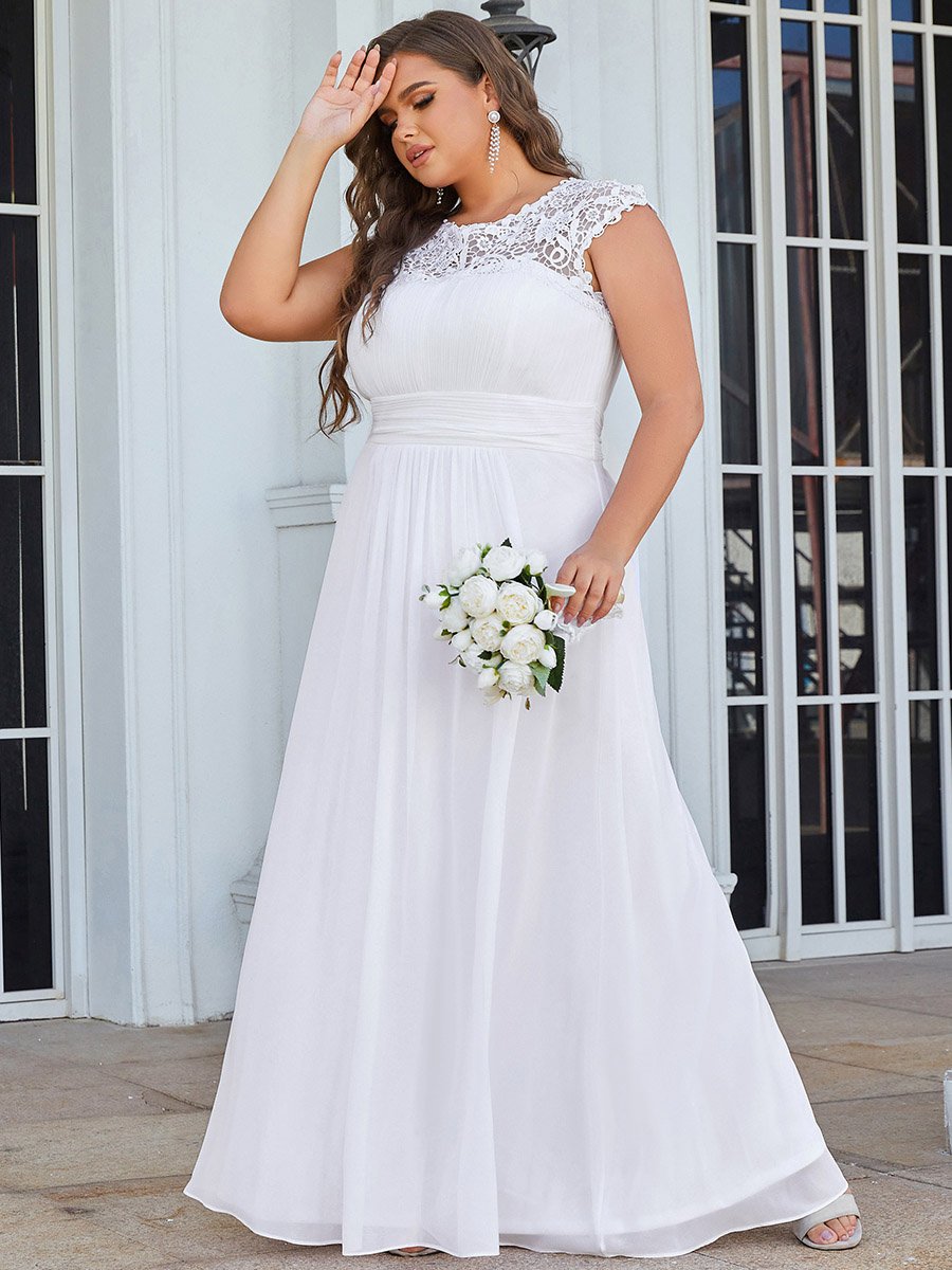 Color=White | Lacey Neckline Open Back Ruched Bust Plus Size Evening Dresses-White 4