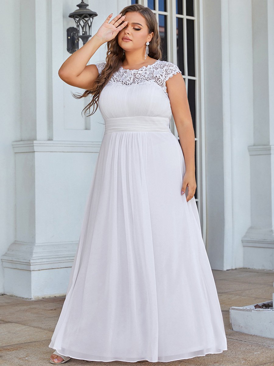 Color=White | Lacey Neckline Open Back Ruched Bust Plus Size Evening Dresses-White 3