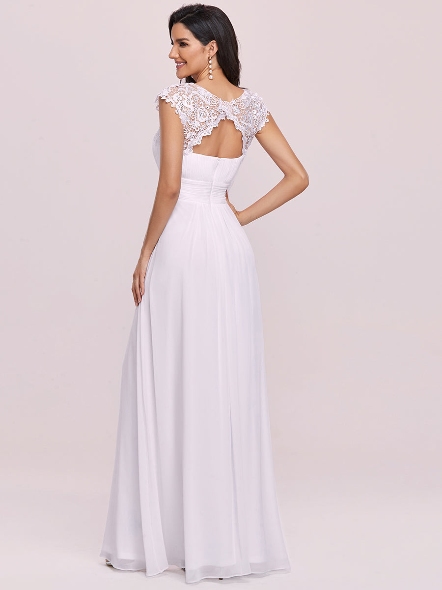 Color=White | Lacey Neckline Open Back Ruched Bust Evening Dresses-White 2