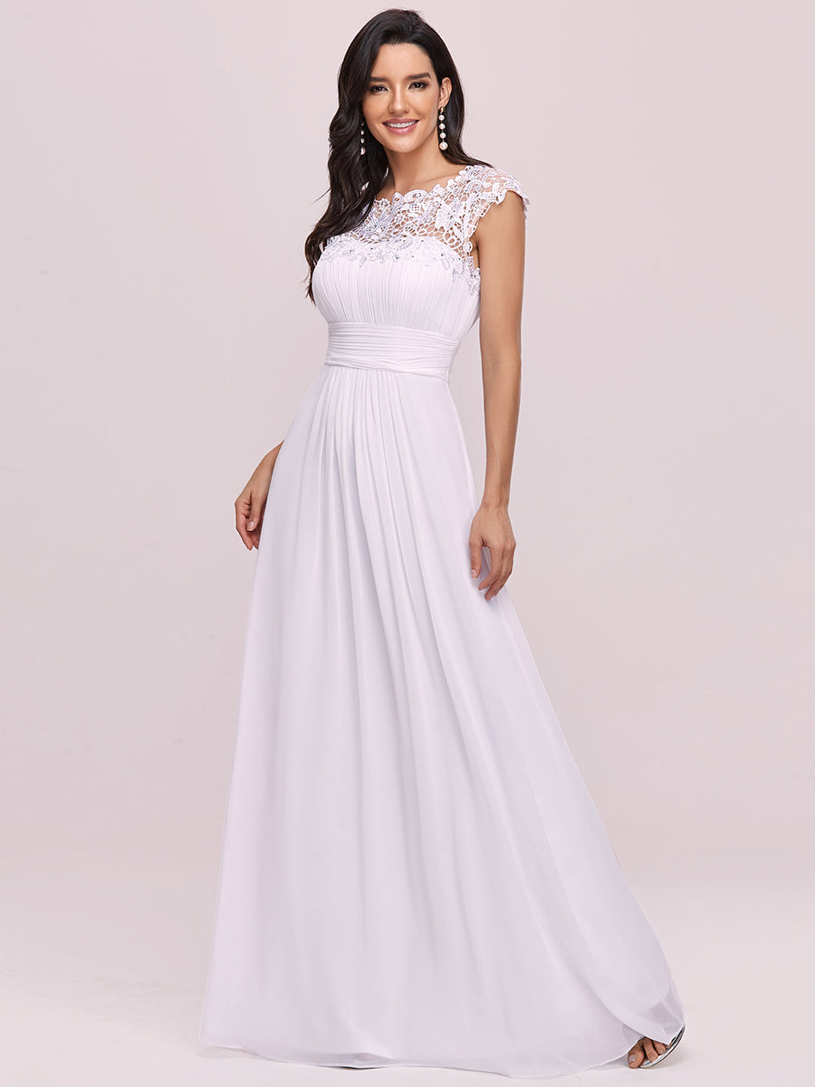 Color=White | Lacey Neckline Open Back Ruched Bust Evening Dresses-White 3