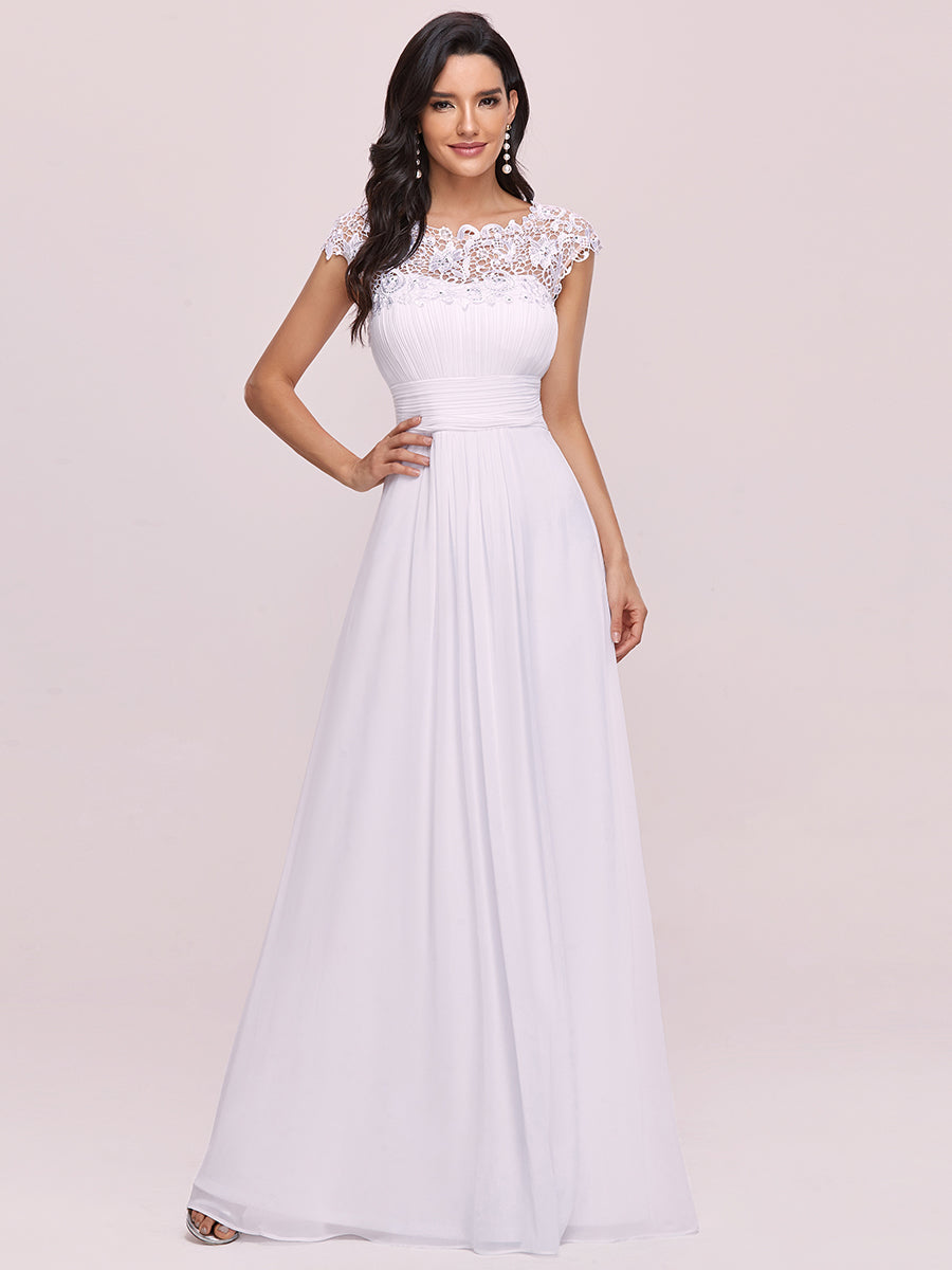 Color=White | Lacey Neckline Open Back Ruched Bust Evening Dresses-White 4