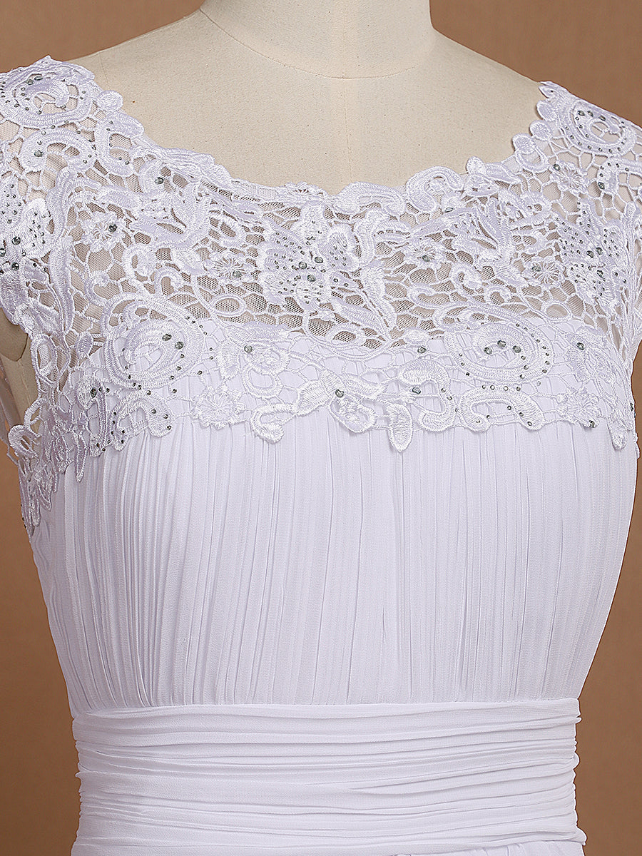 Color=White | Lacey Neckline Open Back Ruched Bust Evening Dresses-White 5