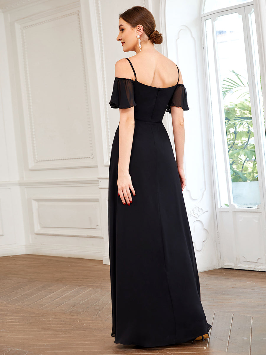 Color=Black | Wholesale High Split Chiffon Bridesmaid Dress With Spaghetti Straps-Black 2