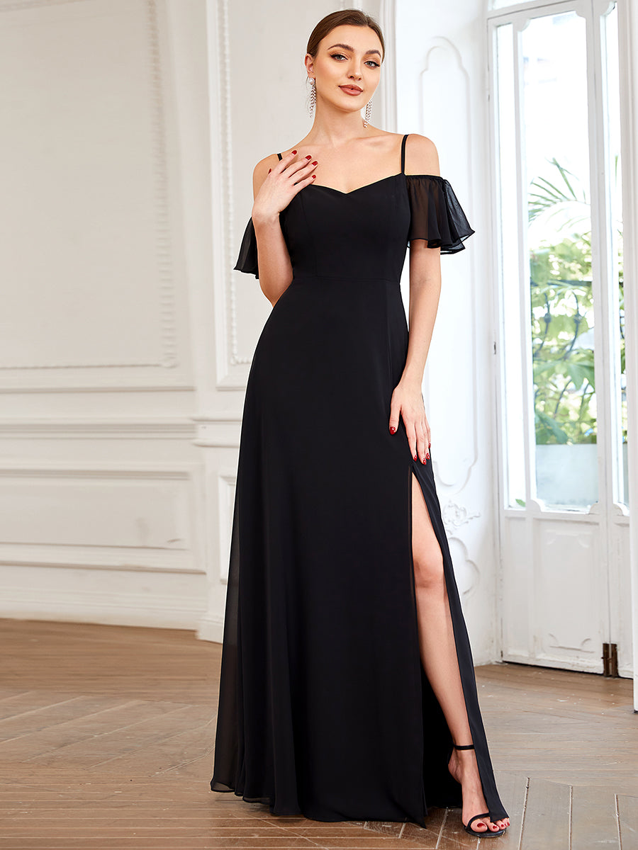 Color=Black | Wholesale High Split Chiffon Bridesmaid Dress With Spaghetti Straps-Black 5