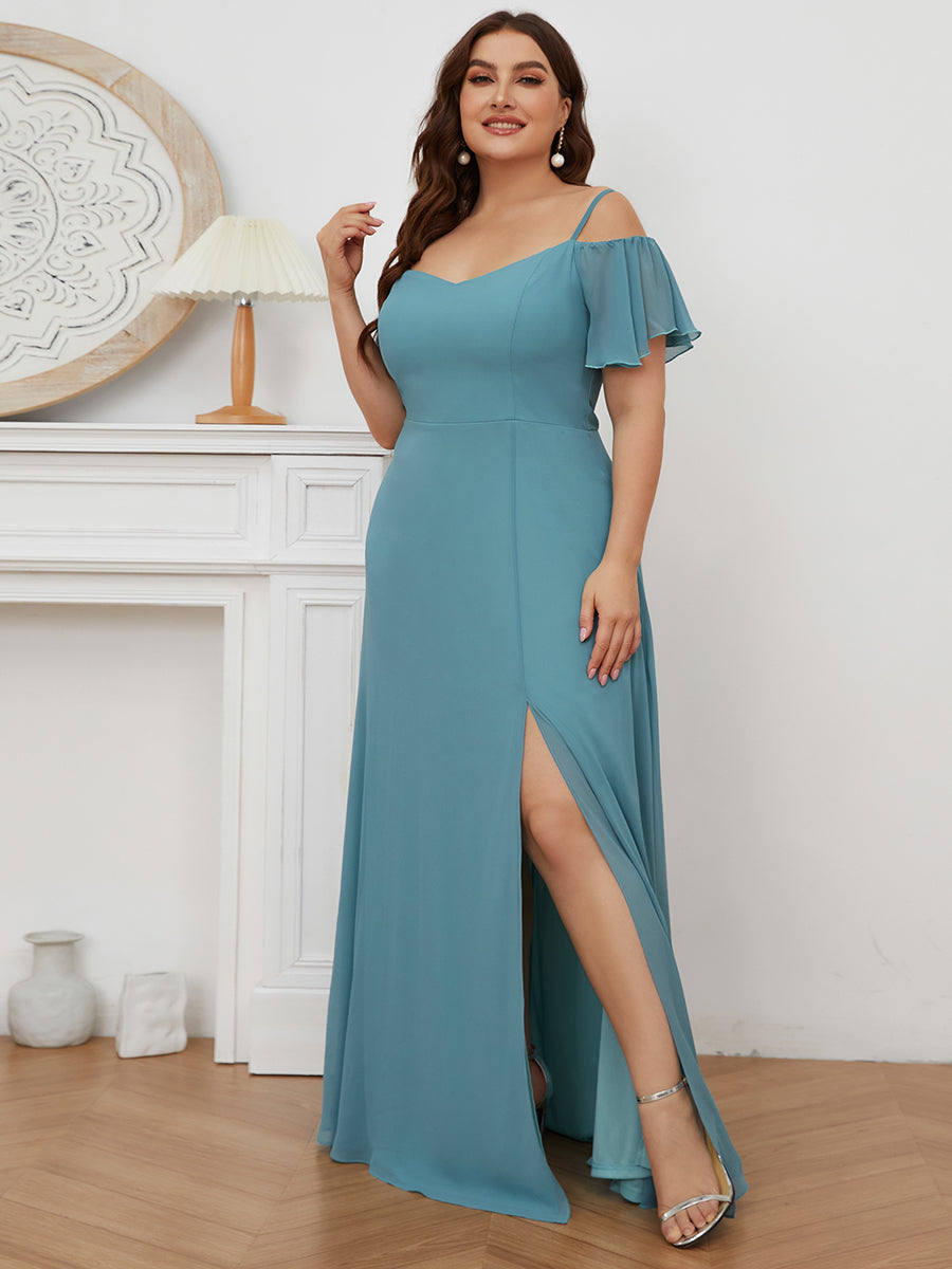 Color=Dusty Blue | Plain Solid Color Plus Size Wholesale Chiffon Bridesmaid Dress-Dusty Blue 4