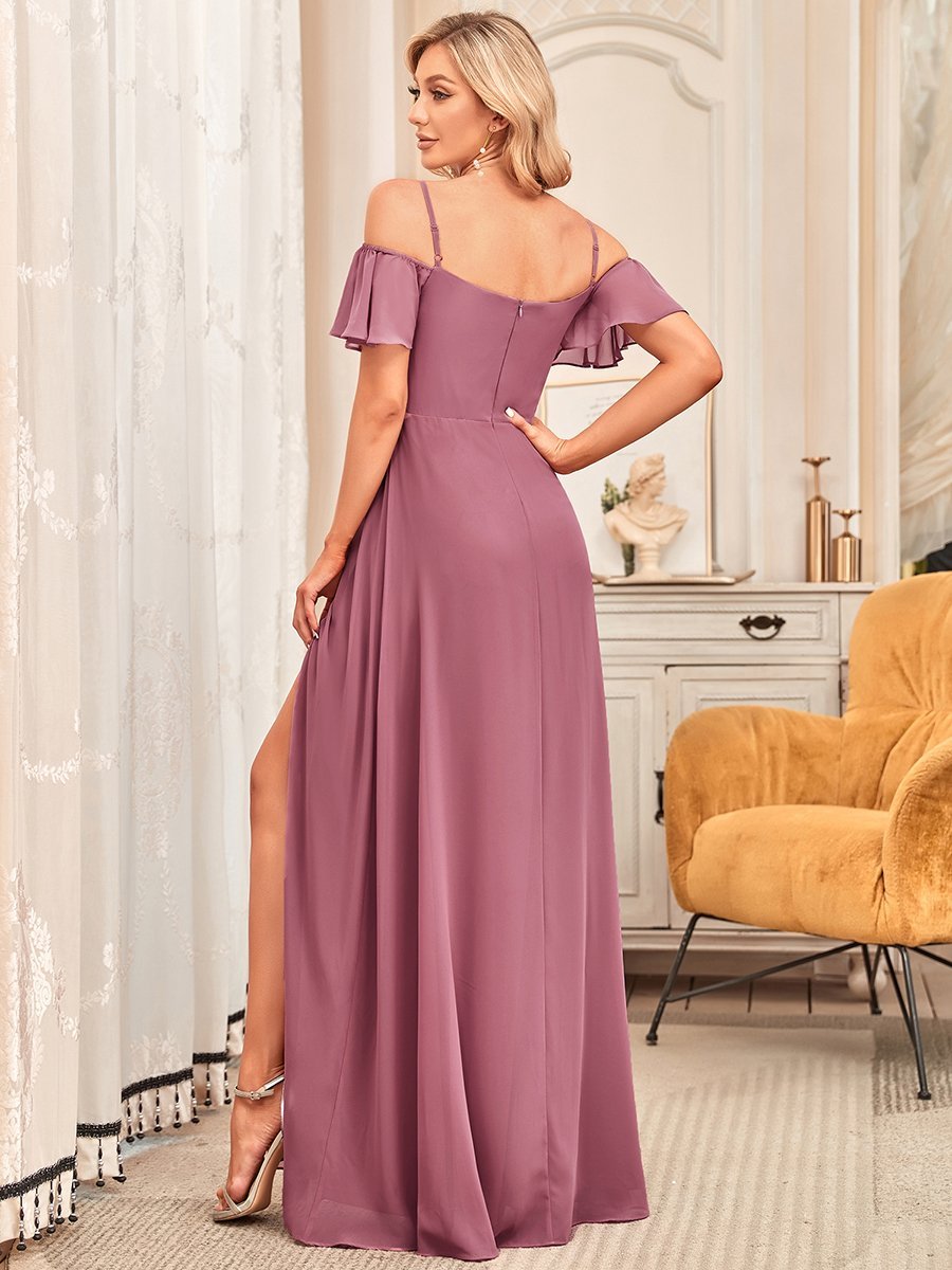 Color=Orchid | Flattering Deep V Neck Flare Sleeves Wholesale Bridesmaid Dresses-Orchid 2