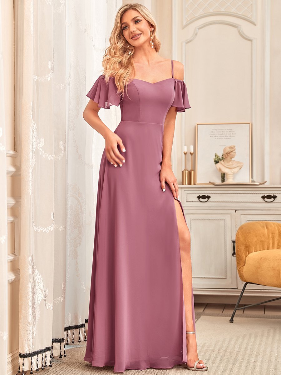 Color=Orchid | Flattering Deep V Neck Flare Sleeves Wholesale Bridesmaid Dresses-Orchid 3