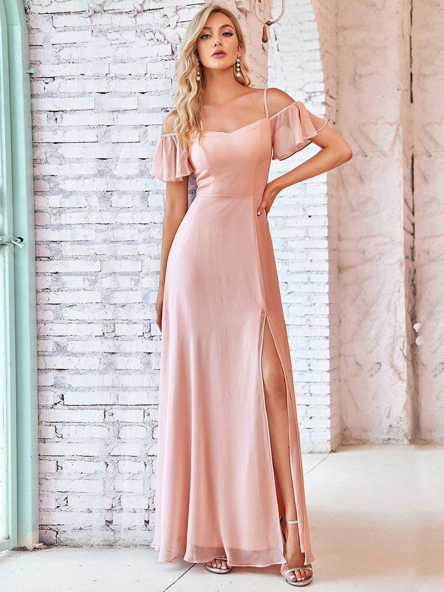 Color=Pink | Flattering Deep V Neck Flare Sleeves Wholesale Bridesmaid Dresses-Pink 4