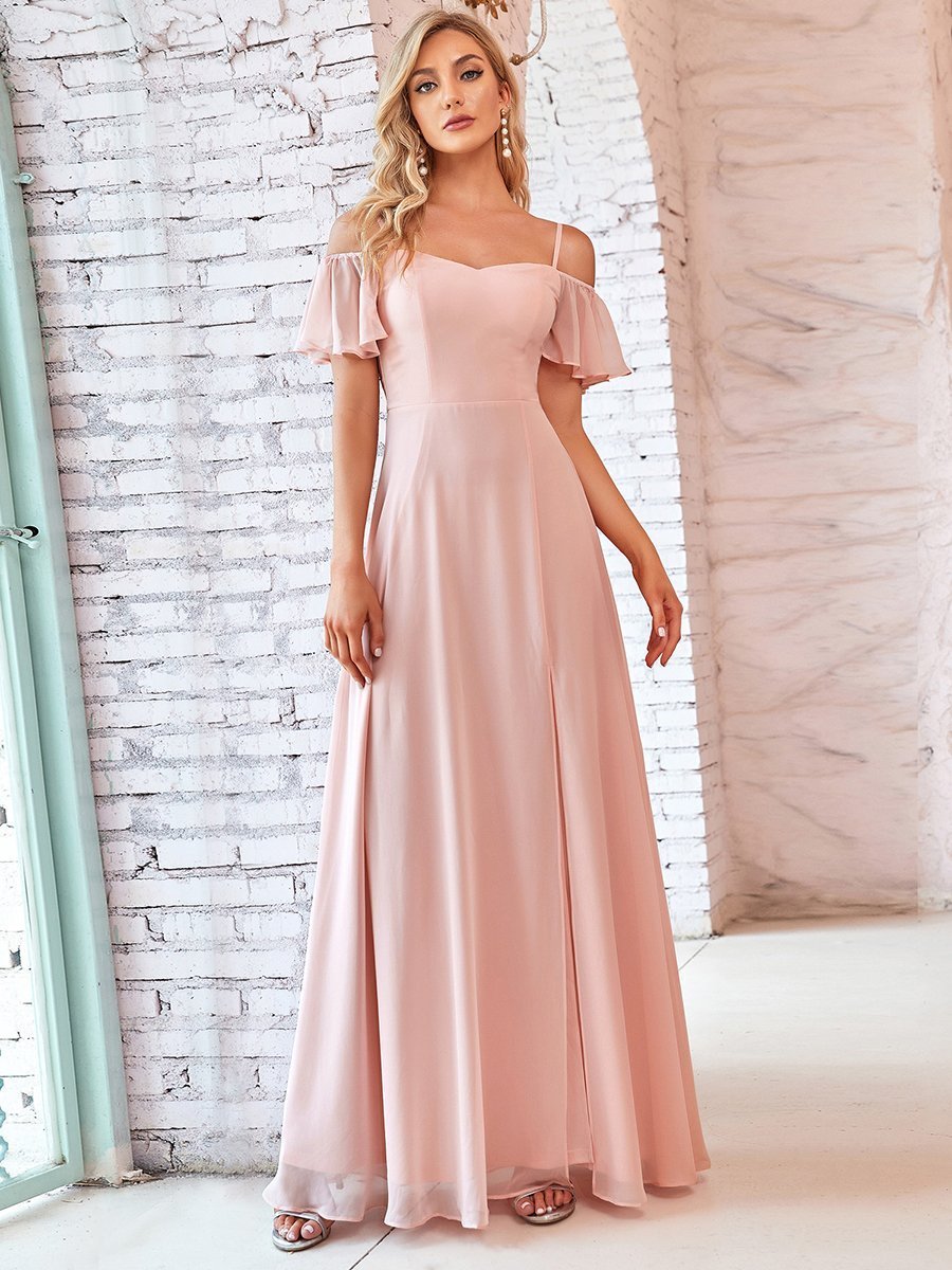 Color=Pink | Flattering Deep V Neck Flare Sleeves Wholesale Bridesmaid Dresses-Pink 5