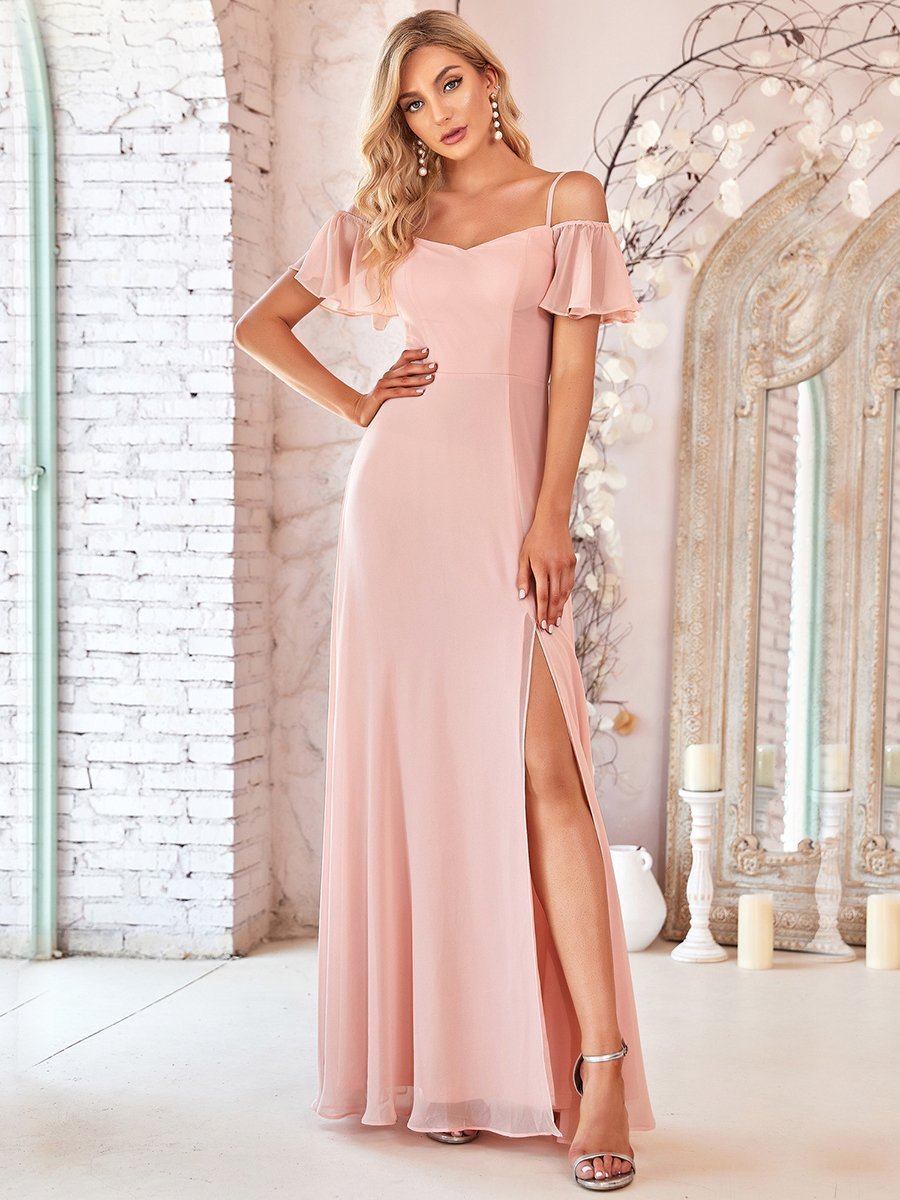 Color=Pink | Flattering Deep V Neck Flare Sleeves Wholesale Bridesmaid Dresses-Pink 1