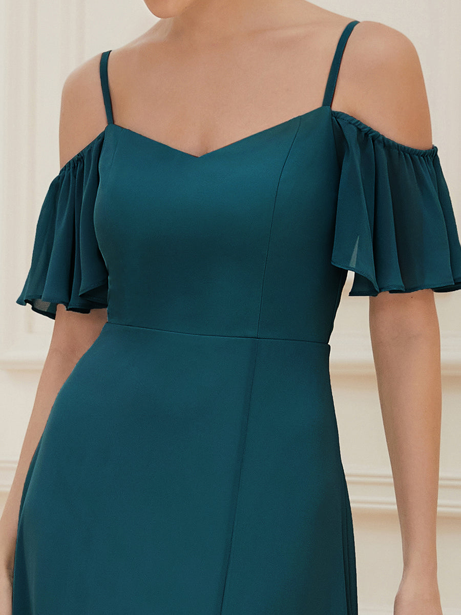 Color=Teal | Wholesale High Split Chiffon Bridesmaid Dress With Spaghetti Straps-Teal 5