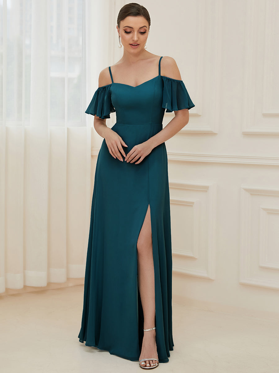 Custom Flattering Deep V Neck Flare Sleeves Wholesale Bridesmaid Dresses