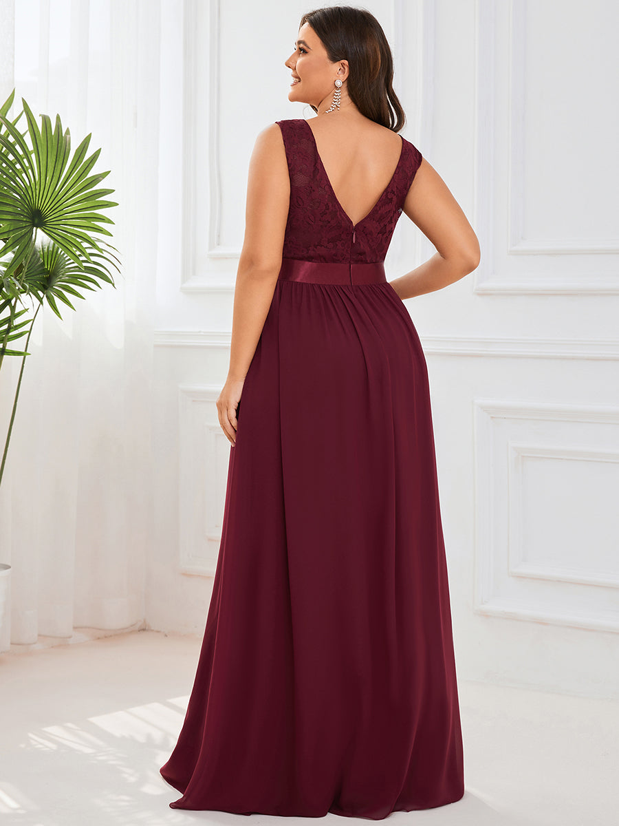 Color=Burgundy | Wholesale Plus Size Fahion Bridesmaid Dresses With Lace-Burgundy 2