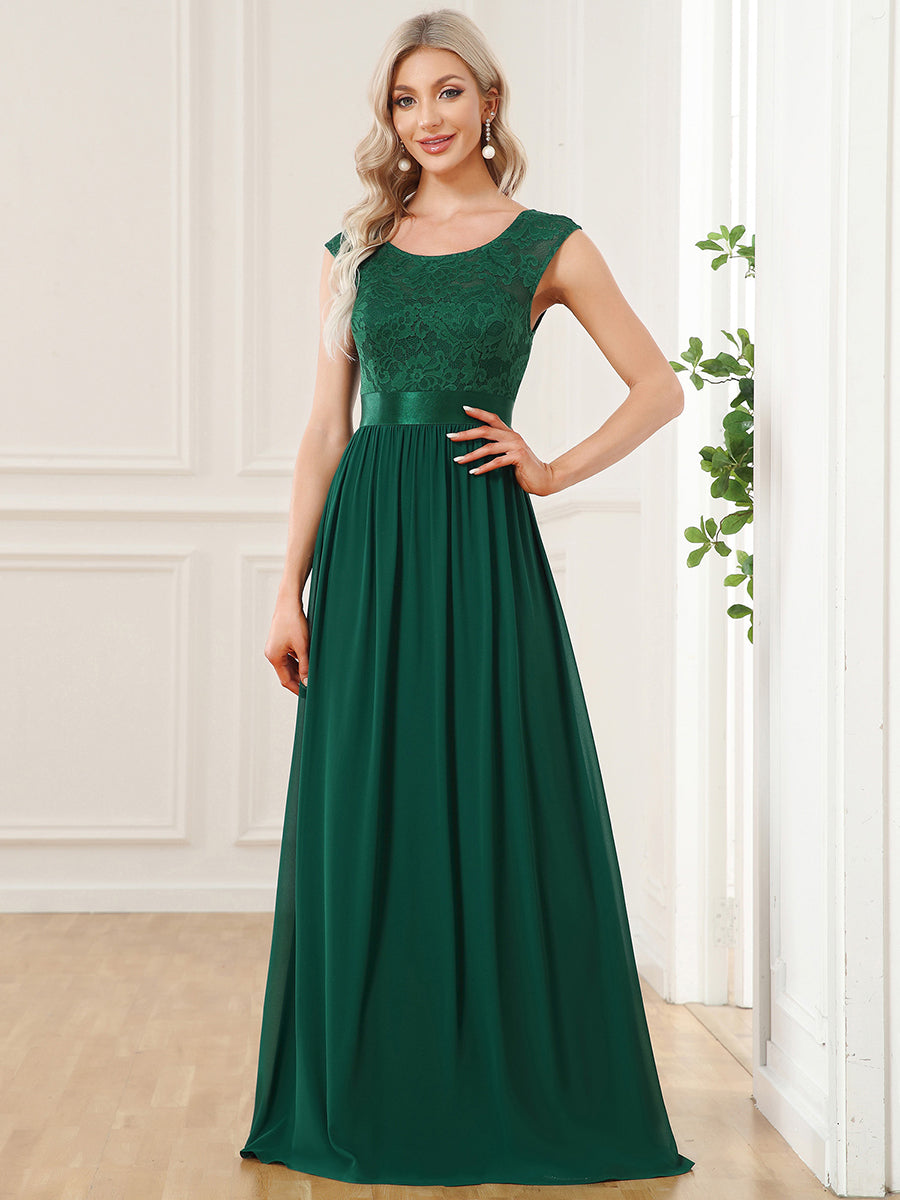 Color=Dark Green | Wholesale V Back Belted Lace & Chiffon Bridesmaid Dresses-Dark Green 1