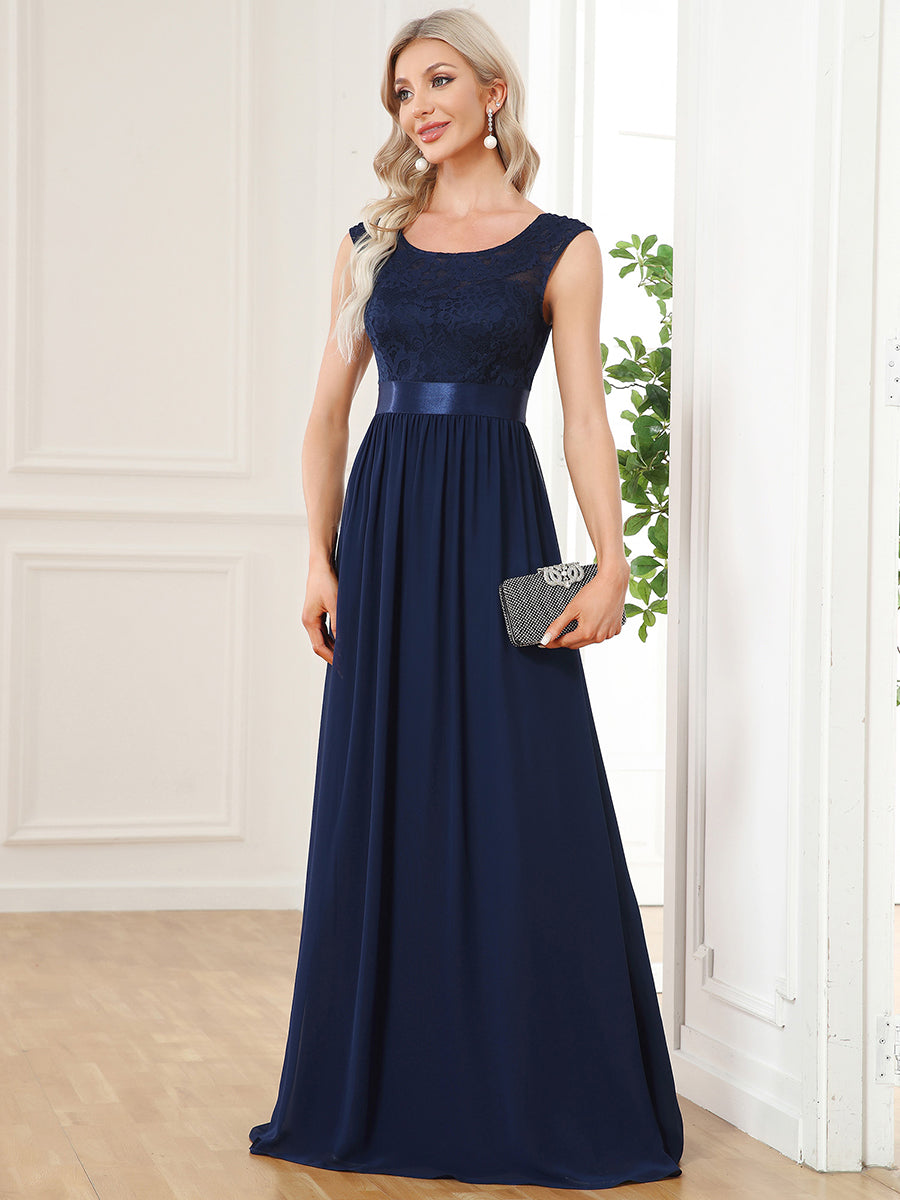 Color=Navy Blue | Wholesale V Back Belted Lace & Chiffon Bridesmaid Dresses-Navy Blue 1