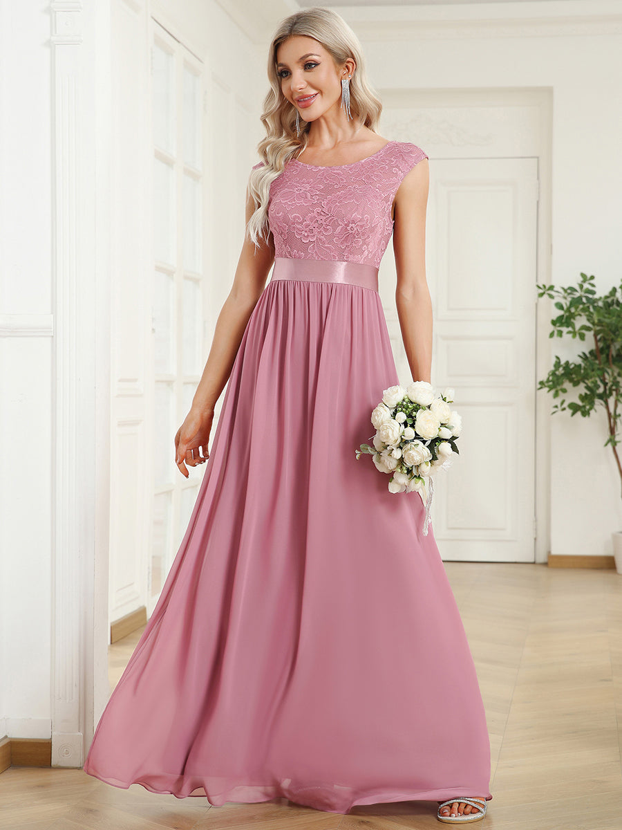 Color=Orchid | Wholesale V Back Belted Lace & Chiffon Bridesmaid Dresses-Orchid 1