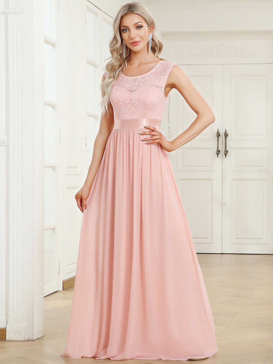 Color=Pink | Wholesale V Back Belted Lace & Chiffon Bridesmaid Dresses-Pink 1
