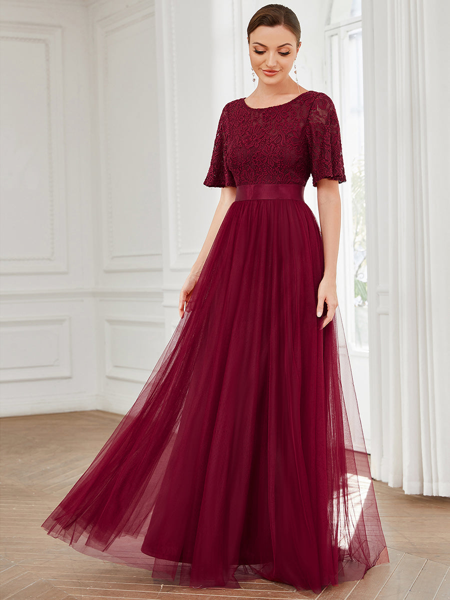 Color=Burgundy | A Line Ruffles Sleeves Round Neck Wholesale Bridesmaid Dresses-Burgundy 1
