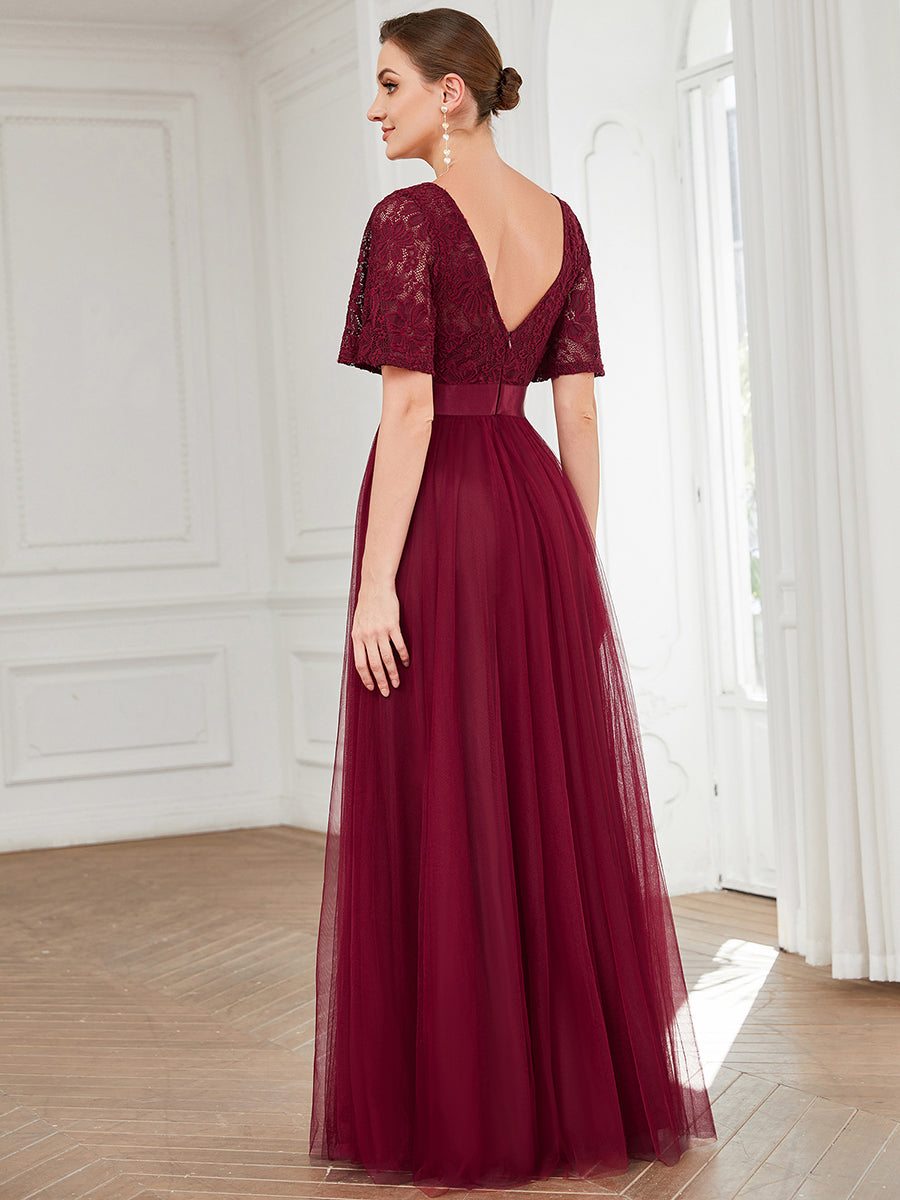 Color=Burgundy | A Line Ruffles Sleeves Round Neck Wholesale Bridesmaid Dresses-Burgundy 2
