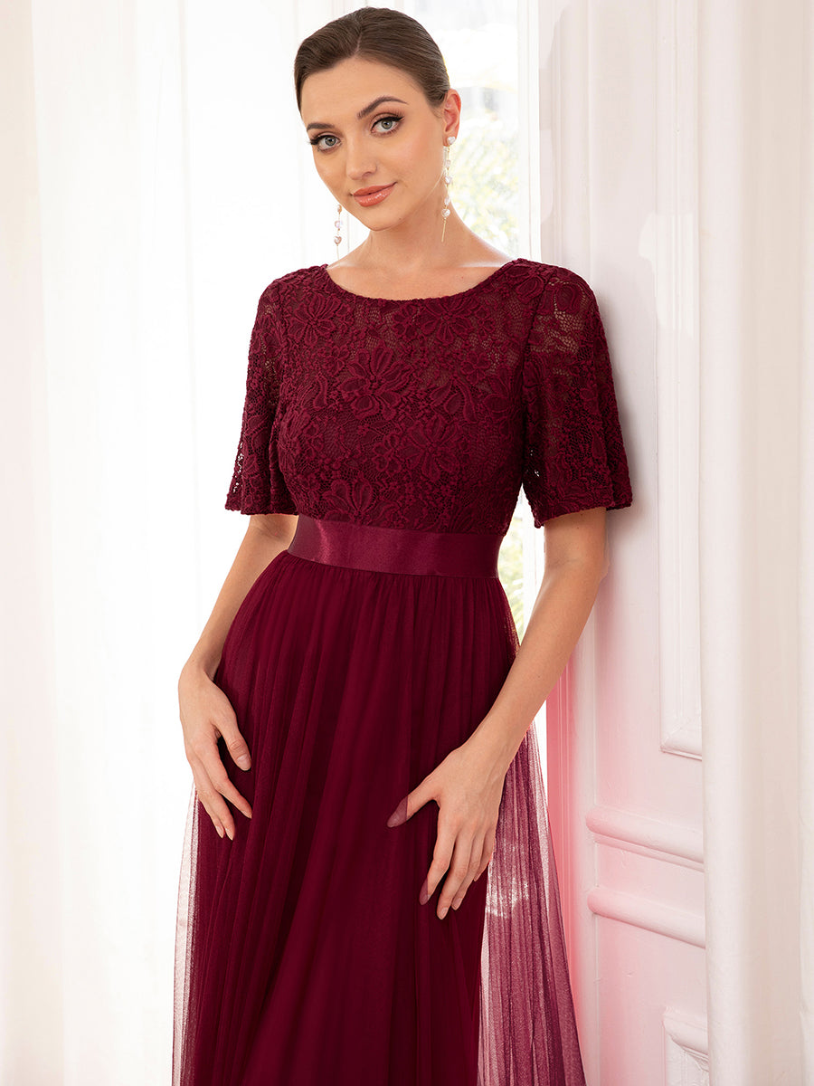 Color=Burgundy | A Line Ruffles Sleeves Round Neck Wholesale Bridesmaid Dresses-Burgundy 5