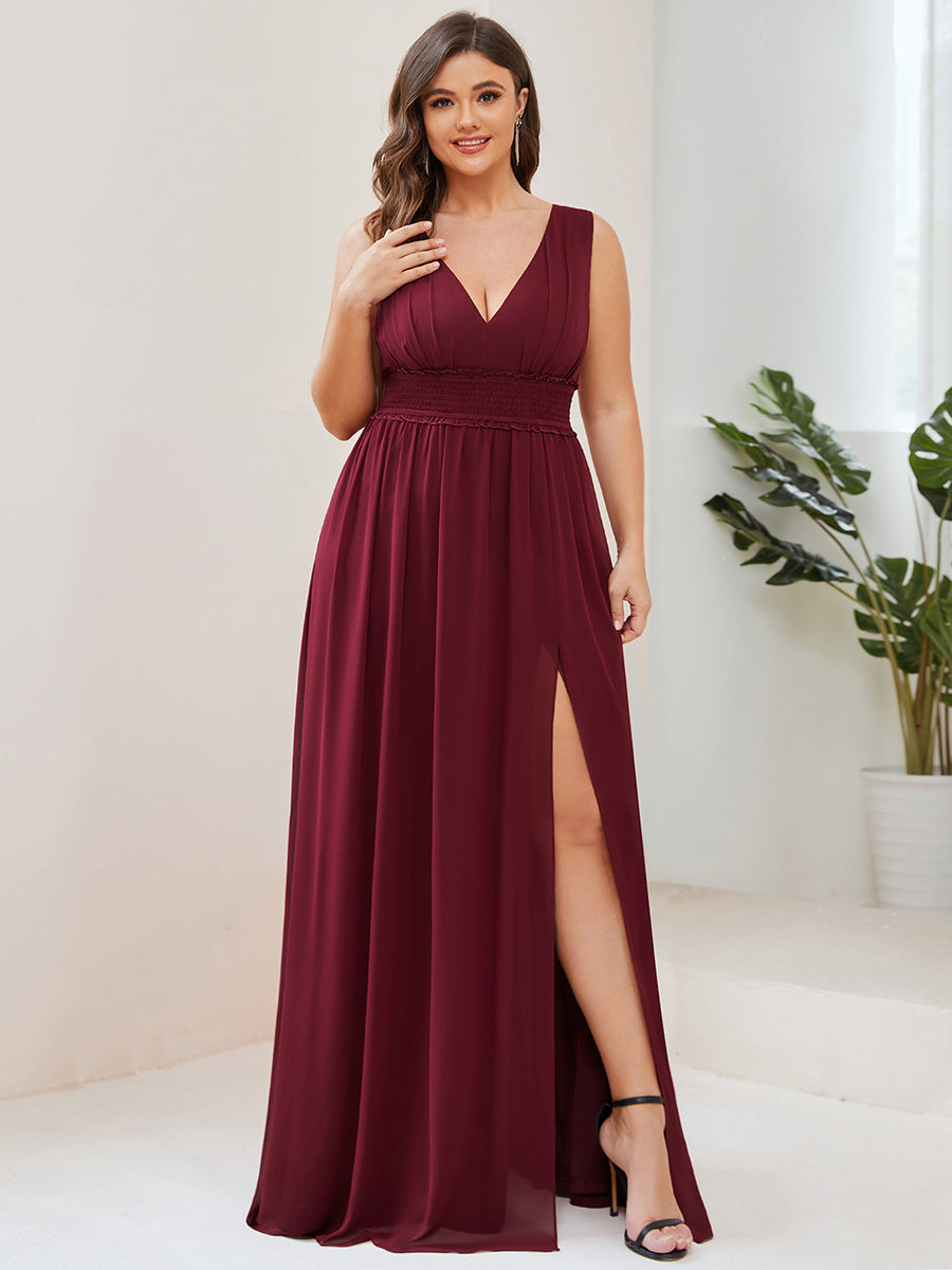 Color=Burgundy | Sleeveless Deep V Neck Thigh High Split Wholesale Bridesmaid Dresses-Burgundy 1
