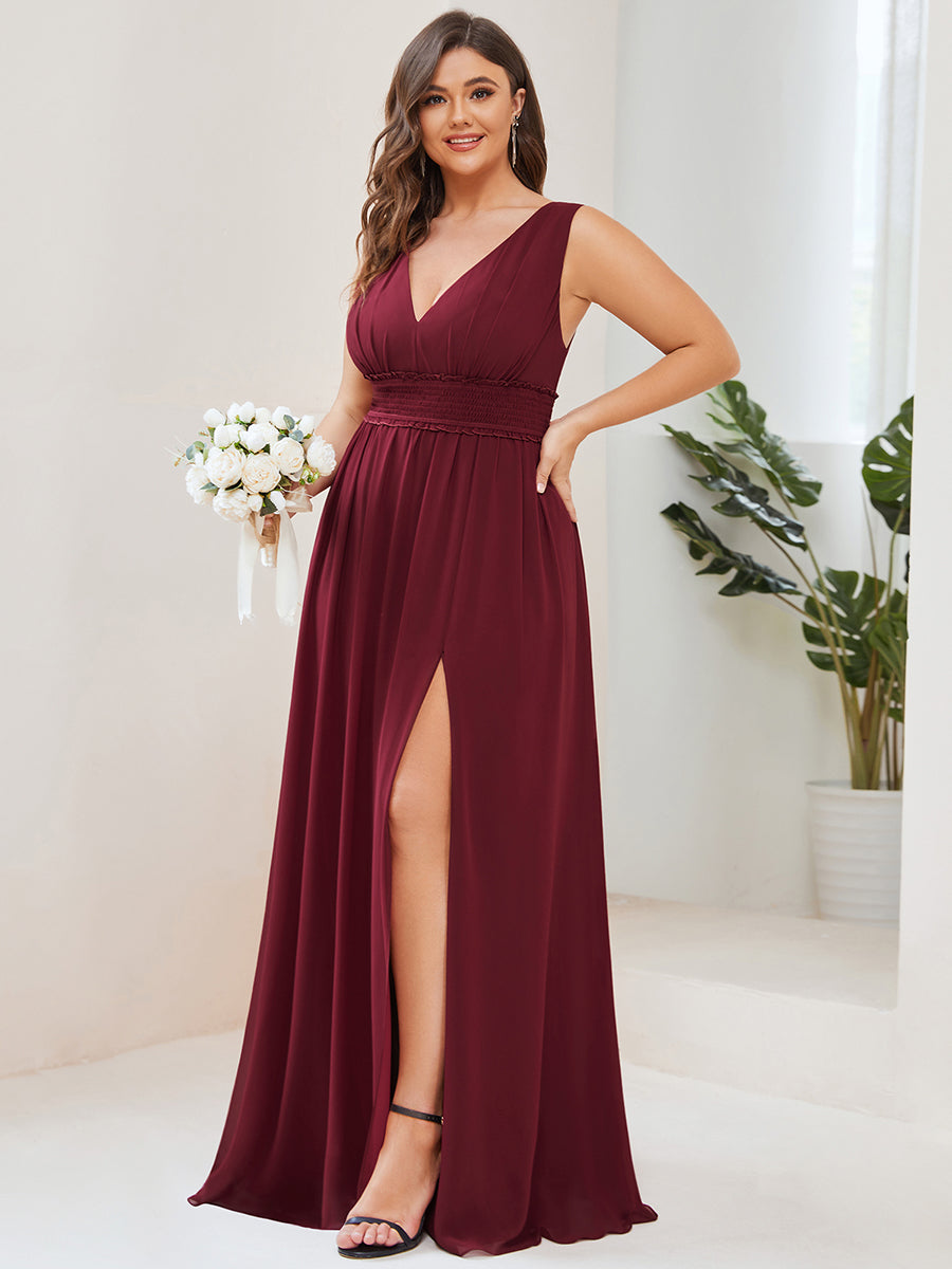 Color=Burgundy | Sleeveless Deep V Neck Thigh High Split Wholesale Bridesmaid Dresses-Burgundy 3
